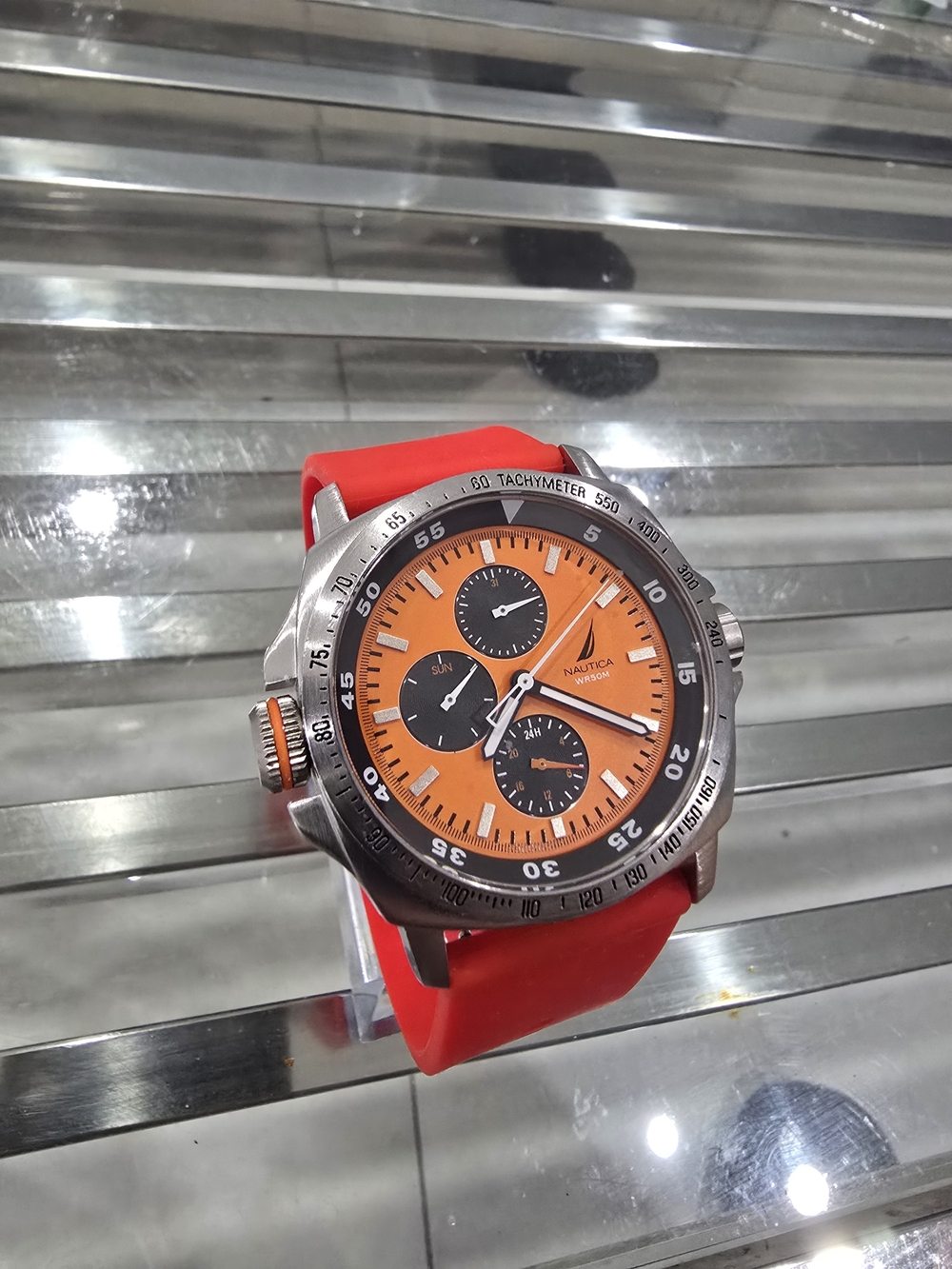 Nautica Orange Dial Chronograph Watch with Red Silicone Strap